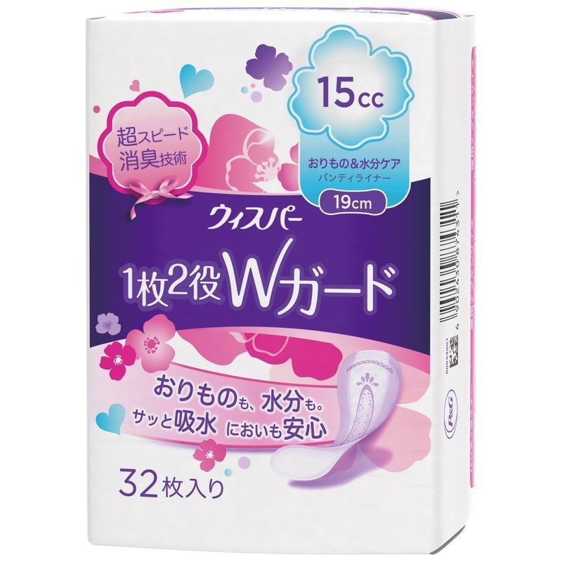 P&G　ウィスパー　1枚2役Wガード　おりもの&水分ケア　パンティライナー　15CC　19CM　32枚　軽失禁用シート