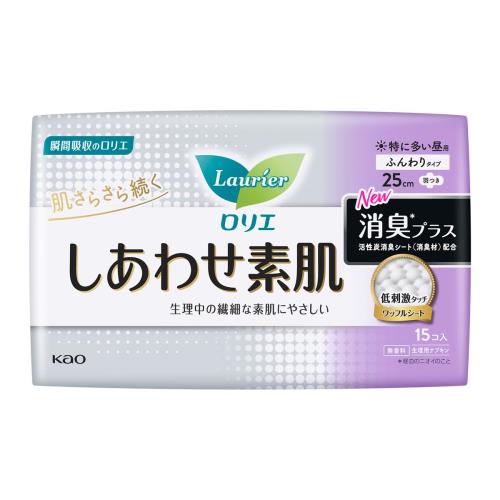 花王　ロリエ　しあわせ素肌　消臭プラス　特に多い昼用25cm　羽つき　15コ入【1月7日までの期間特売】