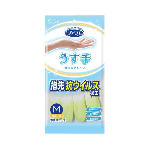 エステー　ファミリービニールうす手　指先抗ウイルス加工　M　グリーン