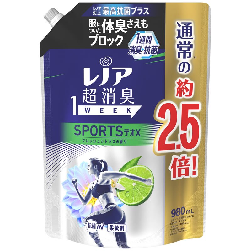 ■【6個セット】レノア超消臭 1week スポーツデオXフレッシュシトラスブルー つめかえ用 特大サイズ 980ml 柔軟剤