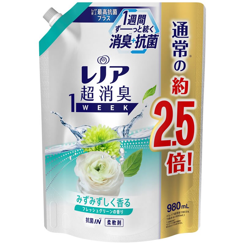 ■【6個セット】レノア 超消臭 1WEEK 柔軟剤 フレッシュグリーンの香り 詰め替え用 特大 980ml 柔軟剤